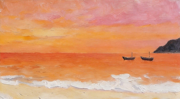 Hand Painted Canvas Artwork, Small Canvas Wall Art Paintings, Sunset Paintings, Boats Adrift in Sunset Glow, Original Seascape Paintings-LargePaintingArt.com