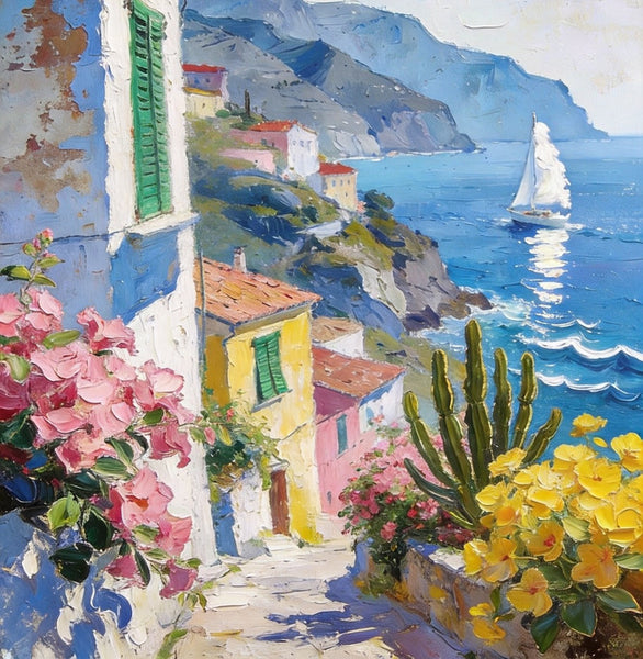 Summer in a Seaside Town, Original Artwork Small Paintings, On Canvas Small Paintings, Palette Knife Artwork, Landscape Canvas Paintings, Hand Painted Canvas Art-LargePaintingArt.com