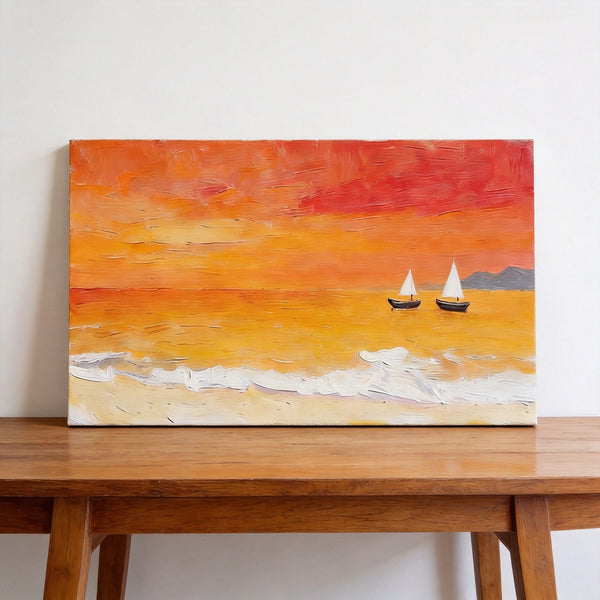 Small Canvas Wall Art Paintings, Original Seascape Paintings, Sailing into the Tangerine Dusk, Seashore Sunset Paintings, Hand Painted Canvas Art-LargePaintingArt.com
