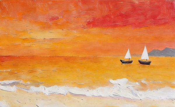 Small Canvas Wall Art Paintings, Original Seascape Paintings, Sailing into the Tangerine Dusk, Seashore Sunset Paintings, Hand Painted Canvas Art-LargePaintingArt.com