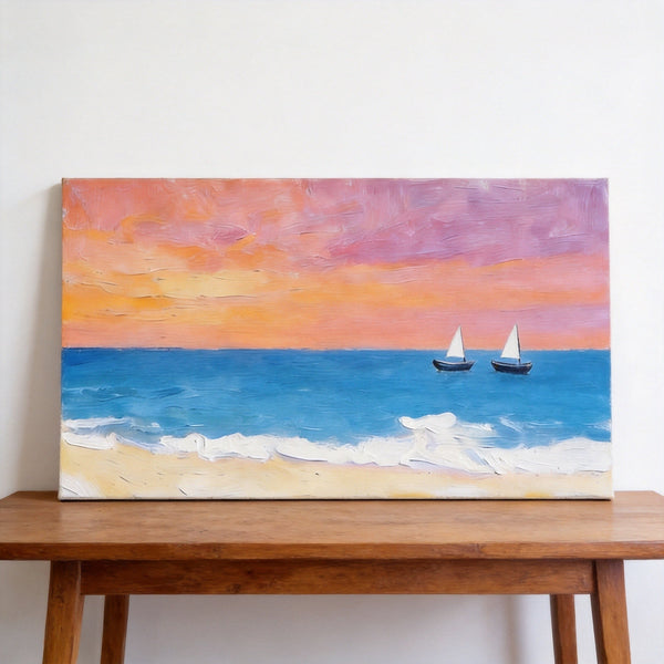 Sunset Paintings, Tranquil Blue Sea at Sunset, Original Seascape Paintings, Small Canvas Wall Art Paintings, Hand Painted Canvas Artwork-LargePaintingArt.com