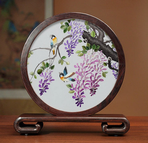 Flower and Birds Silk Embroidery Ornaments, Exclusive Business Presents, Creative Birthday Gift, Premium Souvenir, Traditional Chinese Suzhou Silk Embroidery-LargePaintingArt.com