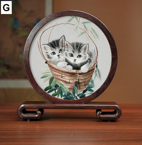 Exclusive Business Present, Lovely Kitty Cat Embroidered Decor, Premium Souvenir, Unique Birthday Gift, Traditional Chinese Suzhou Kitten Embroidery Ornament-LargePaintingArt.com
