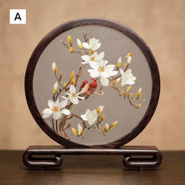 Exclusive Business Present, Flower and Bird Embroidered Decor, Unique Birthday Gift, Traditional Chinese Suzhou Embroidery Ornament, Premium Souvenir-LargePaintingArt.com