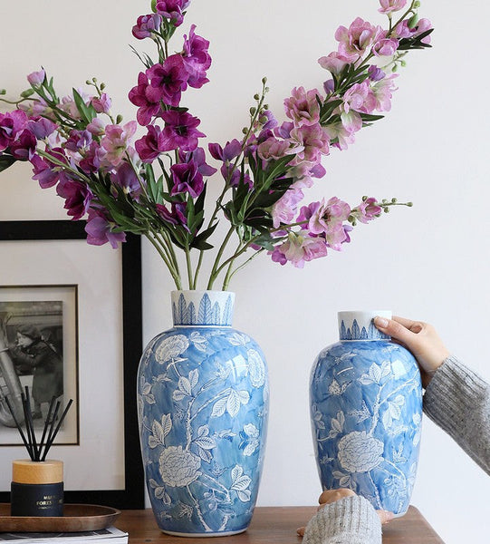 Large Flower Vases on Dining Table, Blue Porcelain Flower Vases, Centerpiece Ceramic Bouquet Vases, Handmade Modern Flower Vase-LargePaintingArt.com