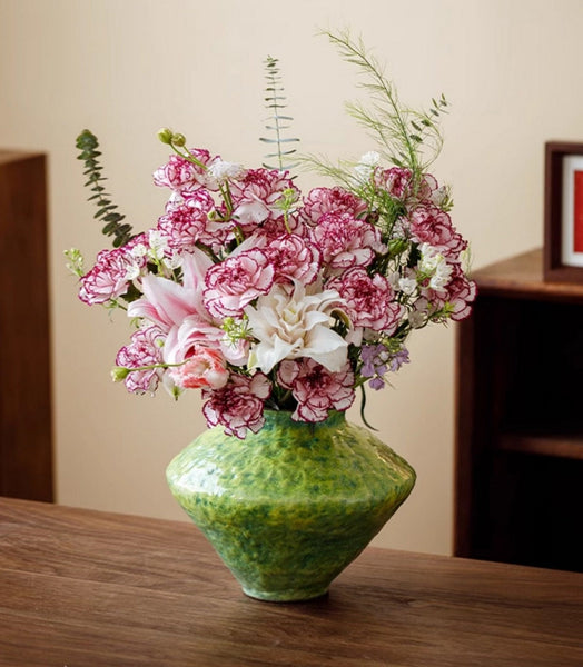 Modern Pottery Flower Vases, Handmade Water Holding Flower Vases, Pottery Bud Vases, Large Green Flower Vases on Table, Centerpiece on Dining Table-LargePaintingArt.com
