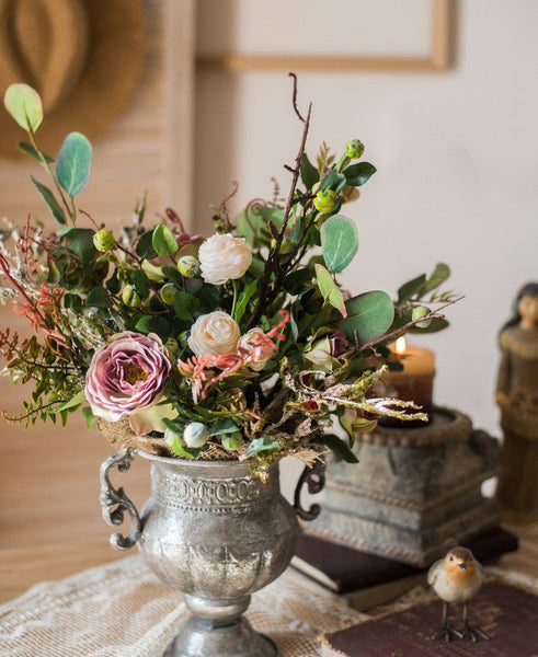 Eucalyptus leaves, Rose, Ranunculus Asiaticus Flowers, Beautiful Modern Flower Arrangement for Living Room, Ctreative Artificial Floral for Home Decoration-LargePaintingArt.com