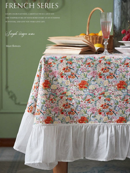 Extra Large Rectangle Tablecloth for Dining Room Table, Natural Spring Flower Farmhouse Table Cloth, Flower Pattern Cotton Tablecloth, Square Tablecloth for Round Table-LargePaintingArt.com