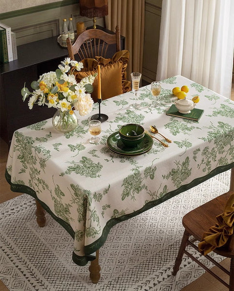 Chenille Flower Tablecloth for Dining Table, Elegant French Style Table Cover for Dining Room Table, Modern Rectangle Tablecloth for Oval Table-LargePaintingArt.com
