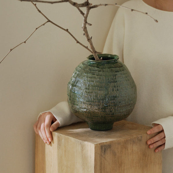 Large Contemporary Vases on Dining Table, Handmade Modern Flower Vase, Centerpiece Ceramic Bouquet Vases, Green Porcelain Vases for Modern Home Decor-LargePaintingArt.com