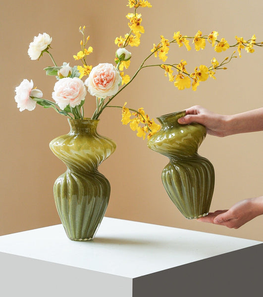 Handmade Contemporary Glass Vases, Modern Green Vases for Living Room, Mid Century Vases for Flowers, Unique Decorative Glass Vase, Centerpiece Vases on Table-LargePaintingArt.com