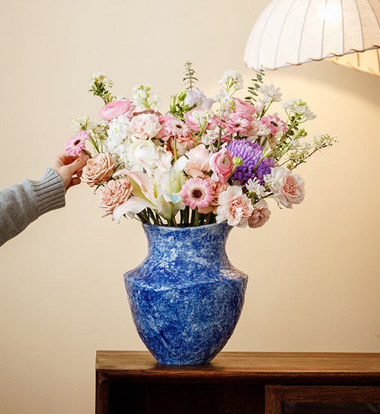 Handmade Water Holding Flower Vases, Centerpiece on Dining Table, Blue Pottery Bud Vases, Large Flower Vases on Table, Modern Pottery Flower Vases-LargePaintingArt.com