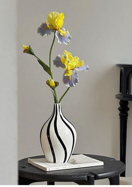 Water Holding Flower Vases, Black and White Striped Ceramic Vase, Porcelain Flower Vases, Modern Flower Vases on Table-LargePaintingArt.com