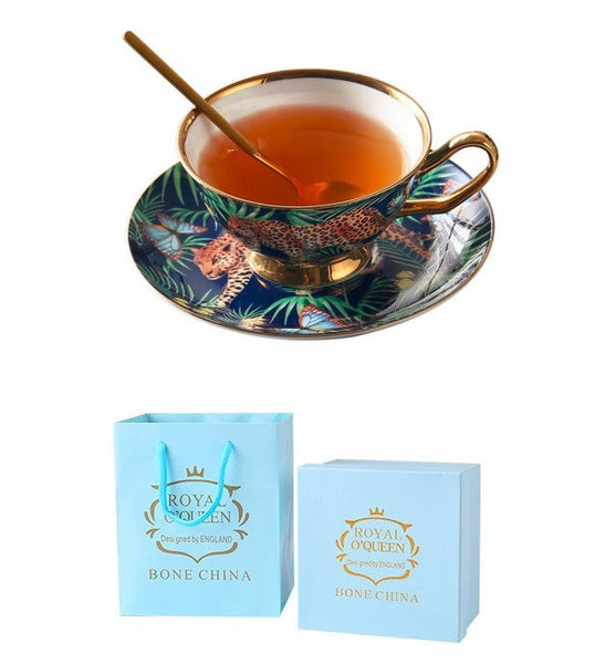 Creative Leopard Ceramic Coffee Cups, 6.8 oz Tea Cup and Saucer in Gift Box as Birthday Gift, Beautiful British Tea Cups, Creative Porcelain Tea Cup Set-LargePaintingArt.com
