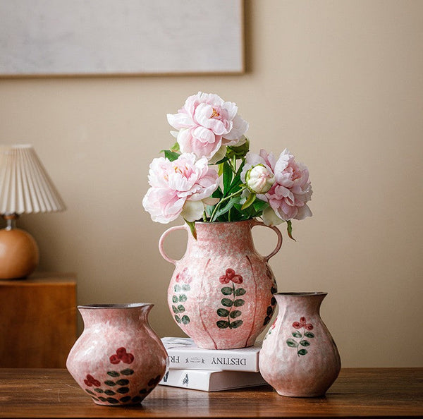 Rustic Pottery Flower Vases, Small Flower Vases on Table, Pink Bud Vases, Handmade Water Holding Flower Vases-LargePaintingArt.com
