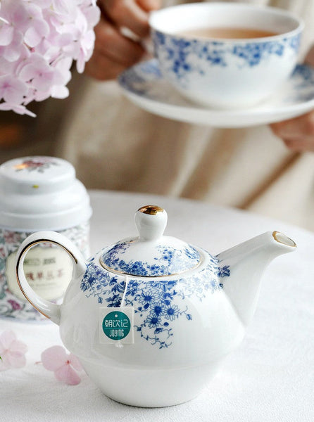 British Style Porcelain Teapot with Matching Cup and Saucer in Gift Box, Ceramic Tea Pot with Integrated Cup, Stackable Teapot and Cup Set, Mother-and-Baby Teapot with Matching Saucer-LargePaintingArt.com