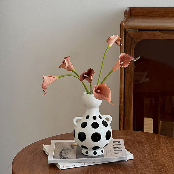Ceramic Bud Vases, Small Flower Vases on Table, Black and White Polka Dot Flower Vase, Modern Porcelain Flower Vases, Handmade Water Holding Flower Vases-LargePaintingArt.com