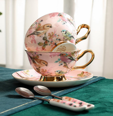 Unique Tea Cup and Saucer in Gift Box, Lovely Birds Ceramic Cups, Elegant Ceramic Coffee Cups, Afternoon Bone China Porcelain Tea Cup Set-LargePaintingArt.com