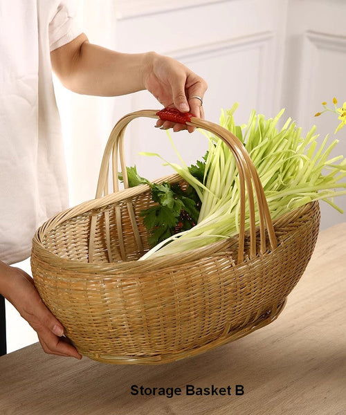 Extra Large Picnic Food Basket with Handle, Lovely Bamboo Baskets for Vegetable, Natural Hand-woven Bamboo Basket, Natural Fruit Basket, Kitchen Storage Baskets-LargePaintingArt.com