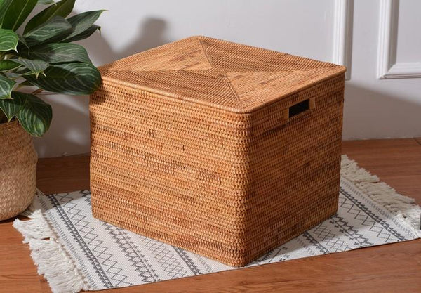 Square Storage Basket with Lid, Extra Large Storage Baskets for Clothes, Rattan Storage Basket for Shelves, Oversized Storage Baskets for Kitchen-LargePaintingArt.com