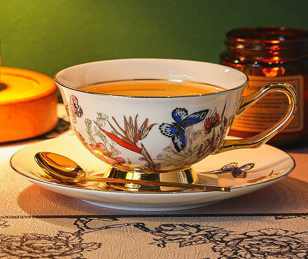 Ceramic Coffee Cups in Gift Box, Butterfly Pattern Porcelain Tea Cup and Saucer Set, British Traditional Afternoon Tea Cup and Saucer Set-LargePaintingArt.com