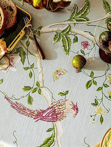 Singing Bird Tablecloth for Round Table, Kitchen Table Cover, Flower Table Cover for Dining Room Table, Modern Rectangle Tablecloth Ideas for Oval Table-LargePaintingArt.com