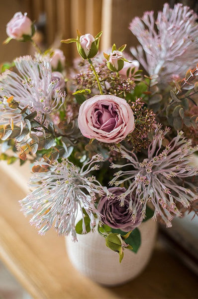 Modern Artificial Flowers for Home Decoration, Rose Flowers, Eucalyptus Globulus, Holly Leaf, Bedroom Flower Arrangement Ideas, Spring Flower Arrangement for Living Room-LargePaintingArt.com