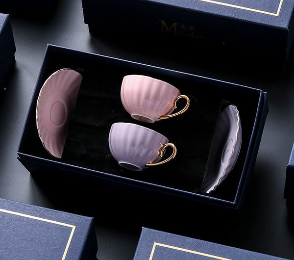 Elegant Macaroon Ceramic Coffee Cups, 6.8 oz Tea Cup and Saucer Set of 2 Cups in Gift Box as Birthday Gift, Beautiful British Tea Cups, Creative Porcelain Tea Cup Set-LargePaintingArt.com