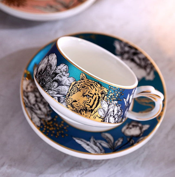Handmade Ceramic Cups with Gold Trim and Gift Box, Jungle Tiger Cheetah Porcelain Coffee Cups, Creative Ceramic Tea Cup and Saucer-LargePaintingArt.com
