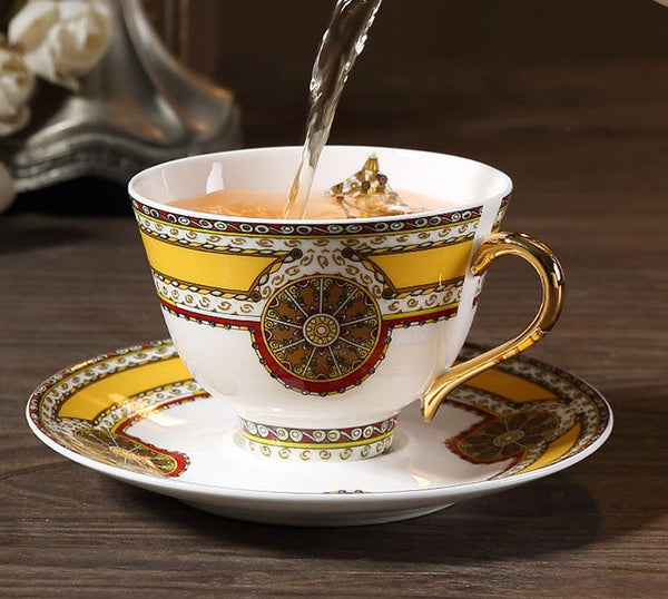 Handmade Beautiful British Tea Cups, Creative Porcelain Tea Cup Saucer Set, Yellow Royal Ceramic Coffee Cups, 6.8 oz Tea Cup and Saucer-LargePaintingArt.com