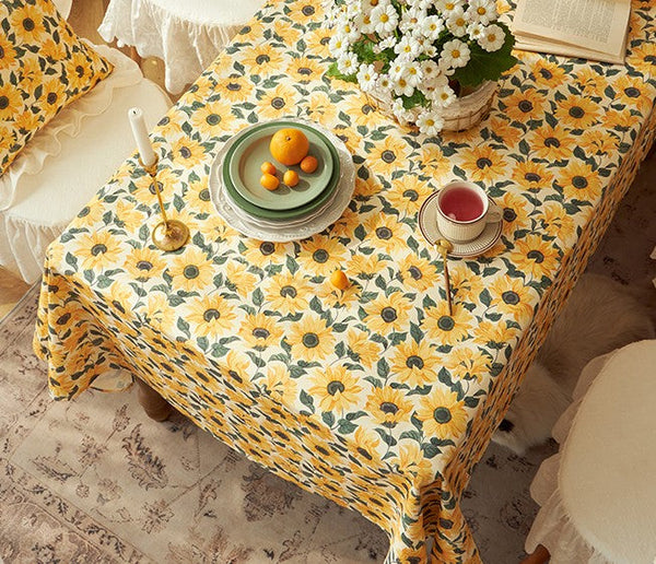Modern Rectangle Tablecloth for Dining Room Table, Yellow Sunflower Pattern Farmhouse Table Cloth, Square Tablecloth for Round Table-LargePaintingArt.com