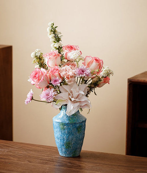Centerpiece on Dining Table, Blue Flower Vase on Table, Handmade Water Holding Flower Vases, Pottery Flower Vases, Modern Bouquet Flower Vases-LargePaintingArt.com