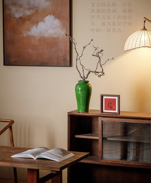 Vintage Flower Vases on Table, Handmade Water Holding Flower Vase, Centerpiece Ceramic Bud Vases, Green Porcelain Flower Vases-LargePaintingArt.com