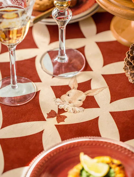 Holiday Red Tablecloth for Dining Table, Rabbit Pattern Table Cover for Dining Room Table, Modern Rectangle Tablecloth for Oval Table-LargePaintingArt.com