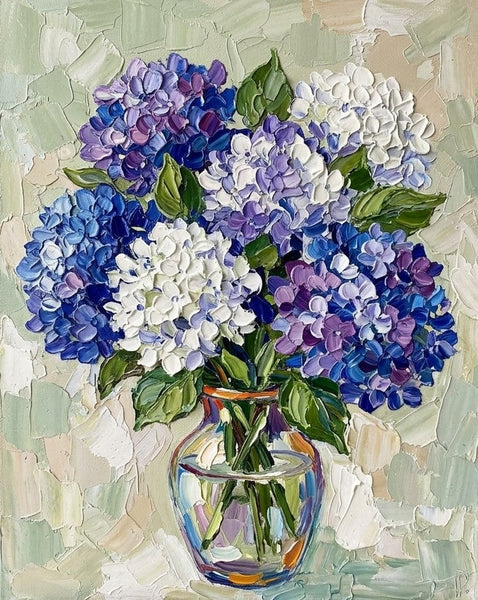 Original Oil Paintings, Hand Painted Canvas Art, Original Flower Paintings, Blue and White Hydrangea Flowers in Glass Vase, Small Canvas Artwork, Impasto Canvas Artwork