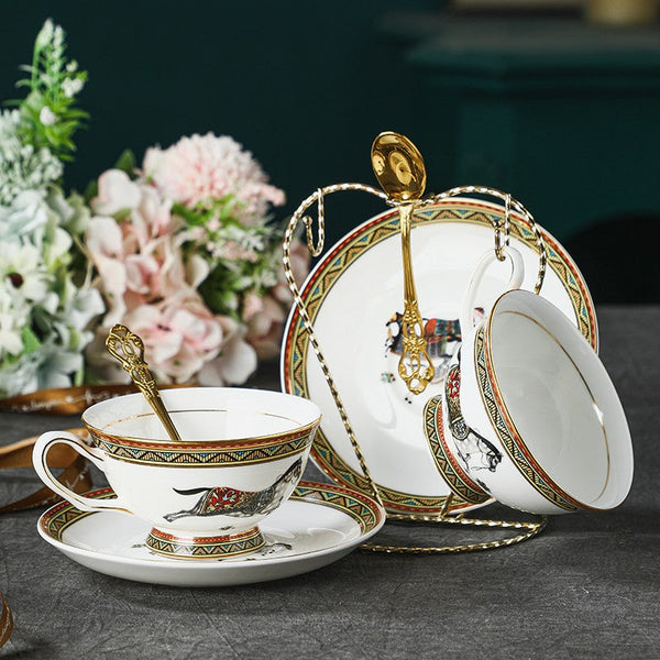 Elegant British Horse Pattern Coffee Cup with Saucer, 7.4 oz Ceramic Tea Cup and Saucer in Gift Box, Porcelain Tea Cup and Saucer Set-LargePaintingArt.com