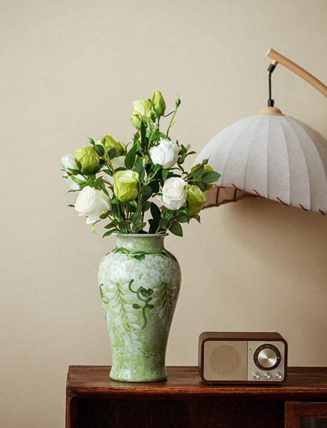 Large Flower Vases on Table, Green Porcelain Flower Vases, Centerpiece Ceramic Bud Vases, Handmade Water Holding Flower Vase-LargePaintingArt.com