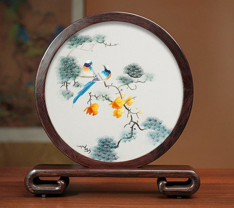 Flower and Bird Embroidery Ornaments, Unique Birthday Gift, Traditional Chinese Suzhou Silk Embroidered Ornament, Premium Souvenir, Exclusive Business Presents-LargePaintingArt.com