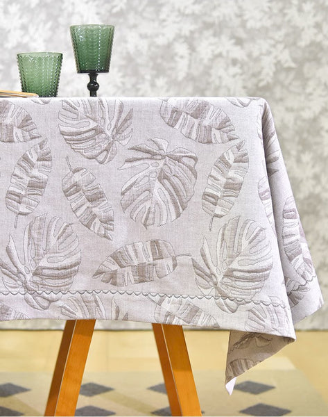 Monstera Leaf Modern Table Cloths for Kitchen, Simple Contemporary Grey Cotton Tablecloth, Large Rectangle Table Covers for Dining Room Table, Square Tablecloth for Round Table-LargePaintingArt.com