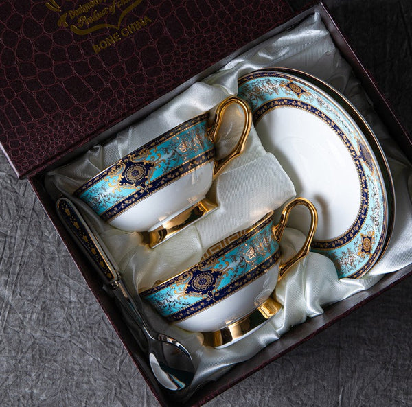 Elegant British Ceramic Coffee Cups, 7.4 oz Porcelain Tea Cup Set for Office, Unique Tea Cup and Saucer in Gift Box-LargePaintingArt.com