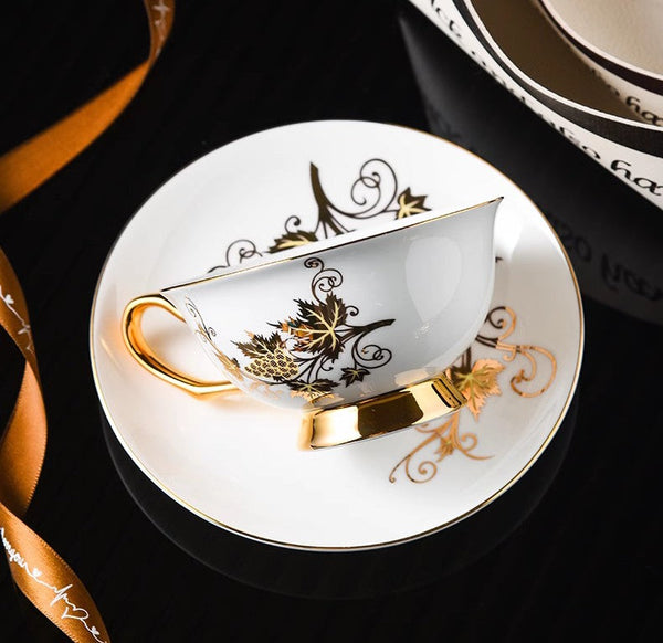 Elegant British Ceramic Coffee Cups, 7.4 oz Golden Leaves and Grapes Porcelain Tea Cup Saucer Set, Unique British Tea Cup and Saucer in Gift Box-LargePaintingArt.com