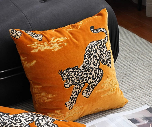 Contemporary Modern Sofa Pillows, Yellow Embroidery Tiger Pattern Pillows for Couch, Decorative Throw Pillows for Bedroom, Large Modern Sofa Pillow for Living Room-LargePaintingArt.com