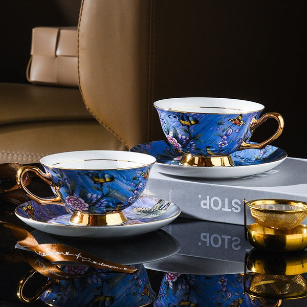 Unique British Tea Cup and Saucer in Gift Box, Blue Bird and Butterfly Porcelain Tea Cup Saucer Set, 7.4 oz British Ceramic Coffee Cups-LargePaintingArt.com