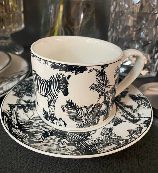 Royal Ceramic Cups, Elegant Ceramic Coffee Cups, 6.8 oz Tea Cup and Saucer in Gift Box, Zebra Jungle Porcelain Tea Cup Saucer Set-LargePaintingArt.com