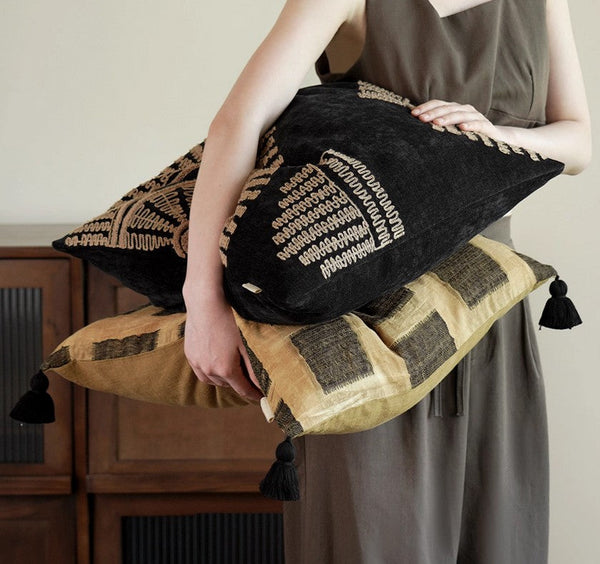 Geometric Modern Sofa Pillows, Large Square Decorative Throw Pillows for Couch, Large Black Decorative Throw Pillows, Black Geometric Sofa Pillows for Interior Design-LargePaintingArt.com