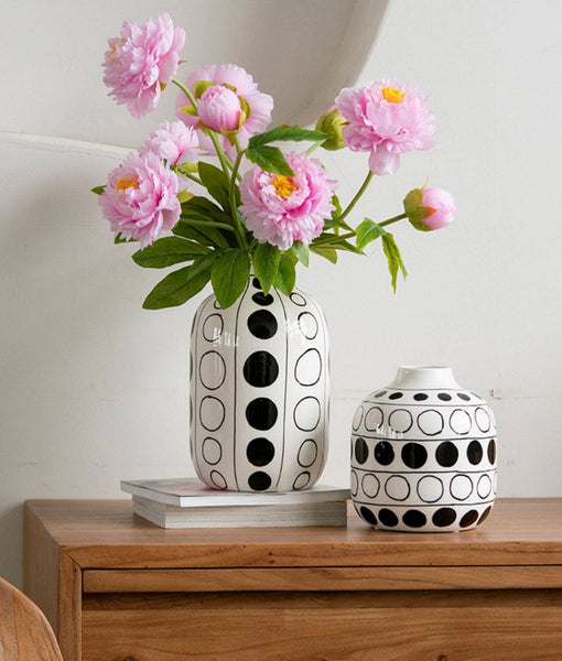 Ceramic Bud Vases, Black and White Polka Dot Flower Vase, Small Flower Vases on Table, Modern Porcelain Flower Vases, Handmade Water Holding Flower Vases-LargePaintingArt.com