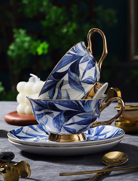 Unique British Tea Cup and Saucer in Gift Box, Blue Porcelain Tea Cup Saucer Set, 7.4 oz British Ceramic Coffee Cups-LargePaintingArt.com