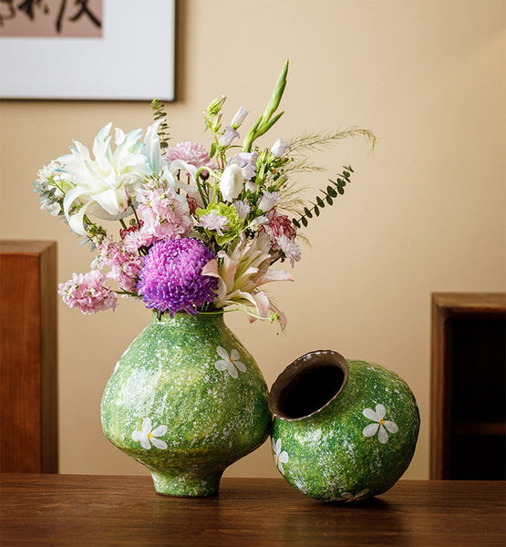Modern Pottery Flower Vases, Centerpiece on Dining Table, Handmade Water Holding Flower Vases, Pottery Bud Vases, Large Green Flower Vases on Table-LargePaintingArt.com