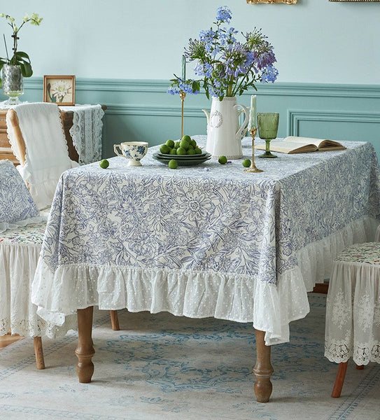 Cotton Rectangle Tablecloth for Dining Room Table, Natural Spring Farmhouse Table Cloth, Blue Flower Pattern Cotton Tablecloth, Square Tablecloth for Round Table-LargePaintingArt.com