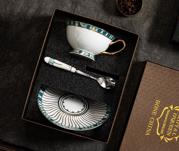 Unique Tea Cup and Saucer in Gift Box, 8 oz British Ceramic Coffee Cups, Porcelain Tea Cup Set for Office, Green Ceramic Cups-LargePaintingArt.com